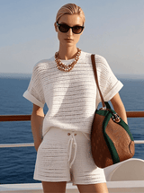 【24-hour shipping out】Casual Fashionable Holiday Style Hollow Knitted White Short-Sleeved Shorts Suit