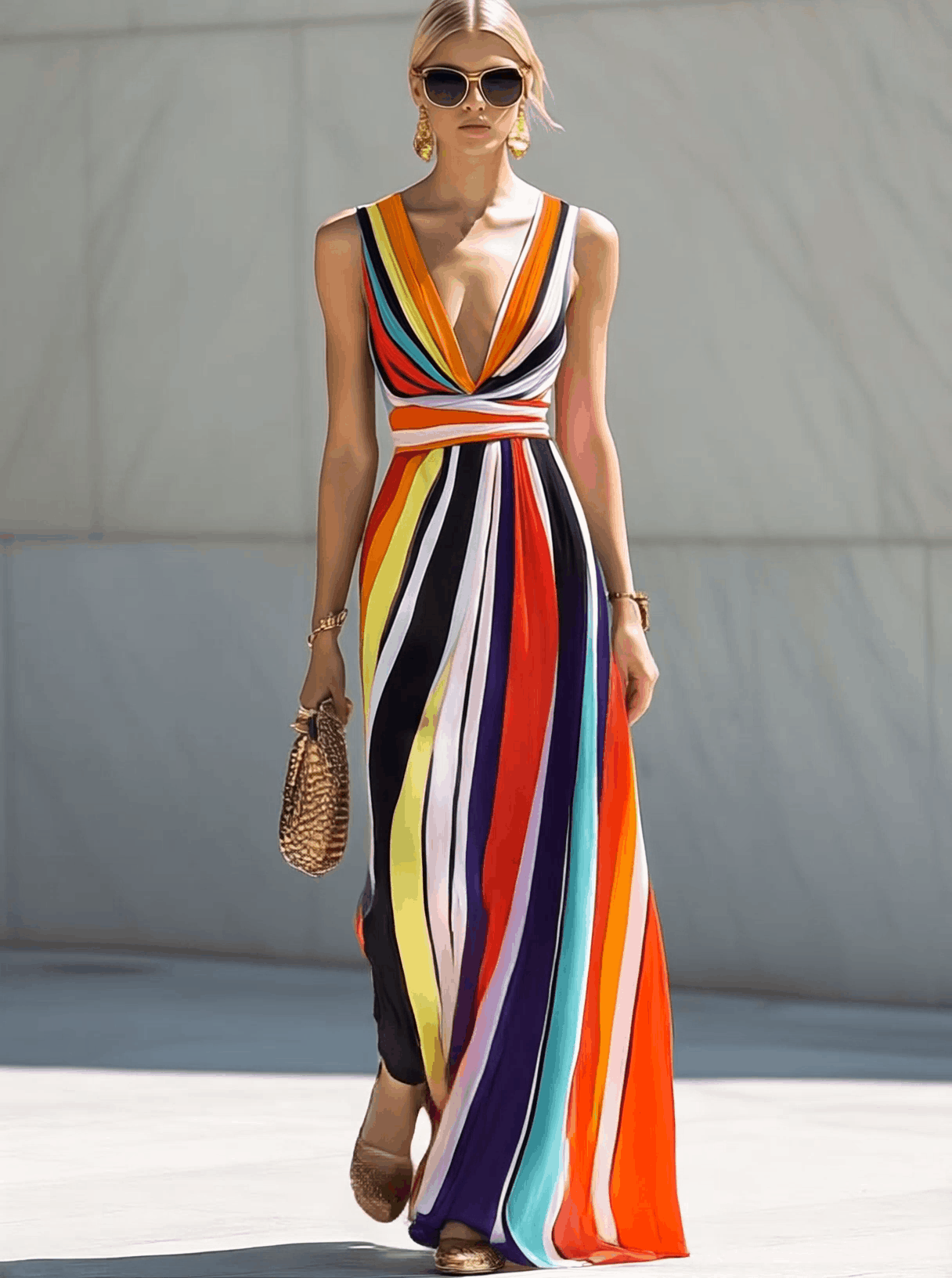 【24-hour shipping out】Elegant Flowing V-neck Rainbow Stripe Print Chiffon Maxi Dress