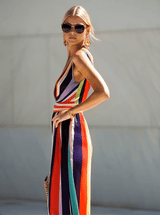 【24-hour shipping out】Elegant Flowing V-neck Rainbow Stripe Print Chiffon Maxi Dress