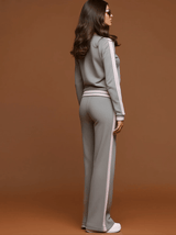 Sporty Retro Pink Striped Half-Zip Gray Sweatshirt And Wide-Leg Pants Set