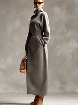 Exquisite Casual Lapel Front Zipper Long Sleeve Light Gray Waffle Fabric Maxi Dress