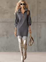 Exquisite Casual Lapel Front Zipper Three-quarter Sleeve Gray Waffle Mini Dress