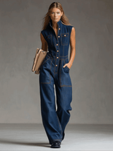 Casual Retro Multi-pocket Topstitching Dark Blue Denim Sleeveless Balloon Jumpsuit