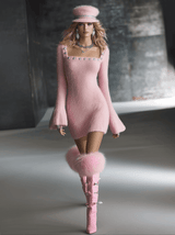 Romantic Square Neck Button Bell Sleeve Pink Seahorse Knit Mini Dress