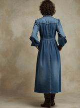 Western Retro Long-Sleeved Floral Embroidered Blue Denim Cardigan Midi Dress