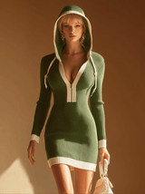 Stylish And Casual White-trimmed Green Hooded Knitted Mini Dress
