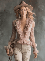 Elegant Pink Chiffon Lace Ruffled Shirt