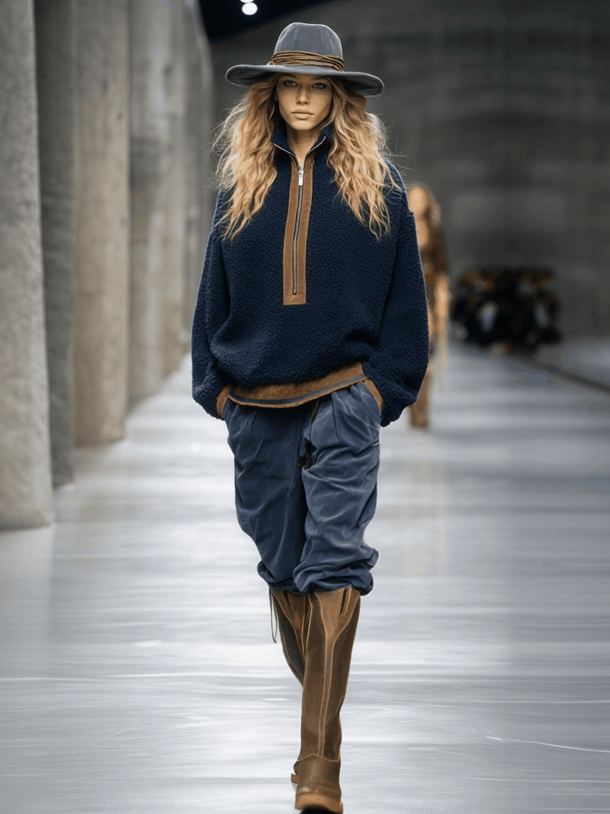 Retro And Fashionable Brown Trim Blue Teddy Fleece Sweatshirt