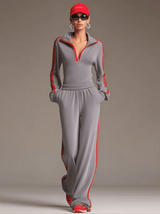 Casual Sporty Retro Red Ribbon Half-Zip Sweatshirt And Wide-Leg Pants Set