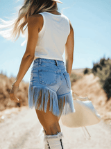 【24-hour shipping out】Vintage Washed Raw Edge Tassel Light Blue Denim Culottes