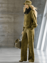 High-end Fashionable Leopard Print Velvet Faux Fur Collar Sweatshirt Wide-leg Pants Suit