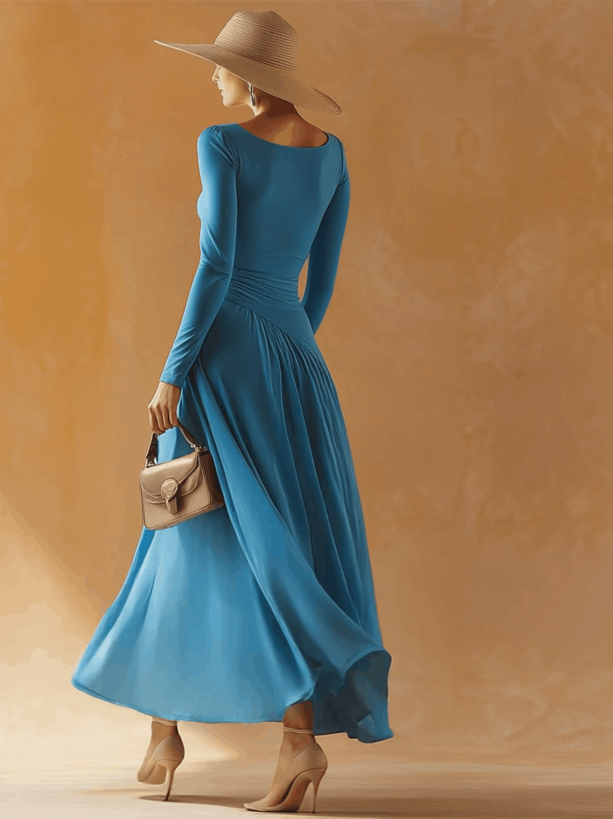 Retro Casual Blue Cotton Patchwork Chiffon Maxi Dress