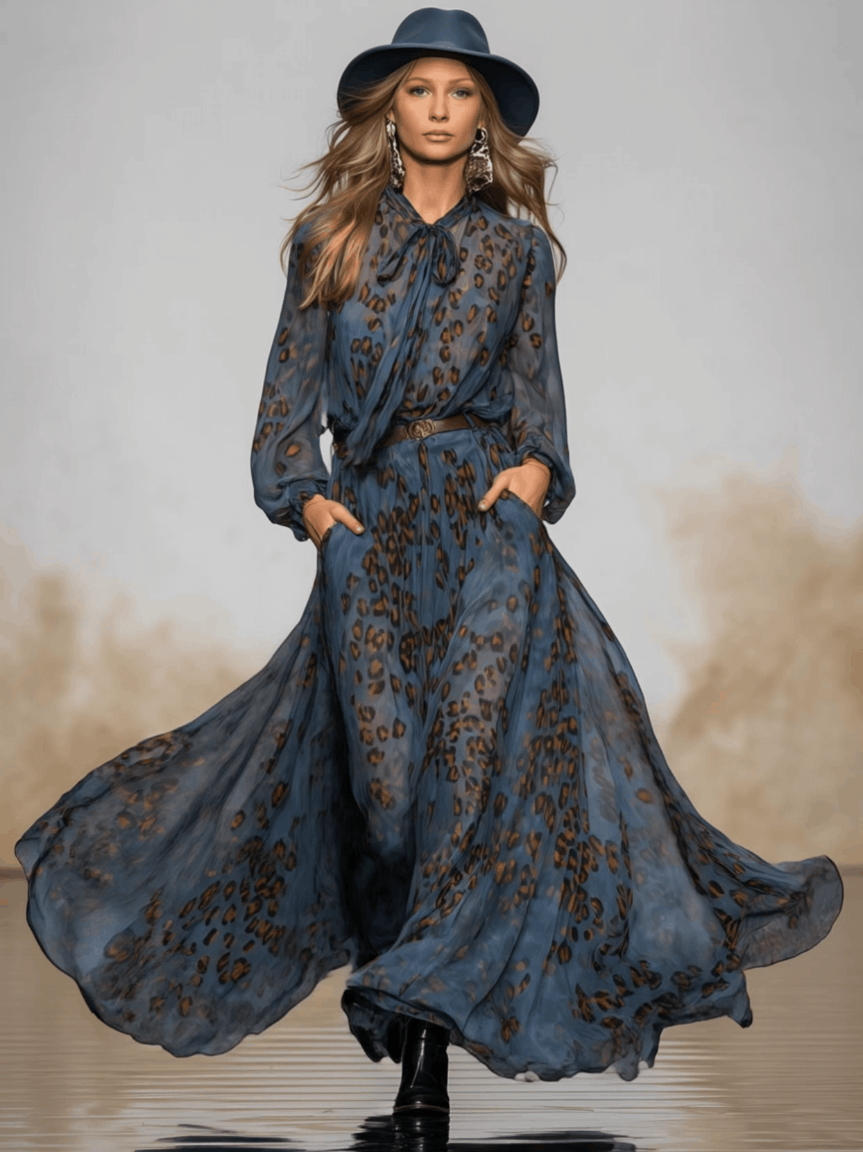 Fashionable Retro Long-sleeved Leopard Print Dark Blue Chiffon Maxi Dress