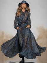 Fashionable Retro Long-sleeved Leopard Print Dark Blue Chiffon Maxi Dress