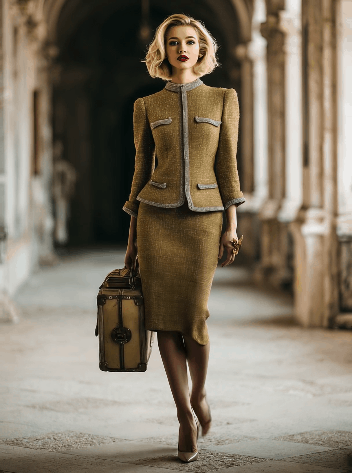 Exquisite Vintage Light Gold Tweed Jacket And Skirt Set
