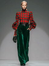 Trendy Retro Plaid Velvet Turtleneck Long-sleeved T-shirt And Wide-leg Pants Set