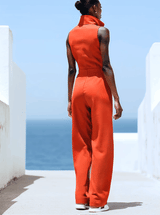 【24-hour shipping out】Casual Retro Red Cotton and Linen Zipper Sleeveless Elastic Waist Wide Leg Jumpsuit