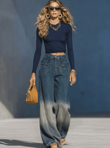 Casual Fashion Gradient Washed Denim Blue Gray Loose Pants