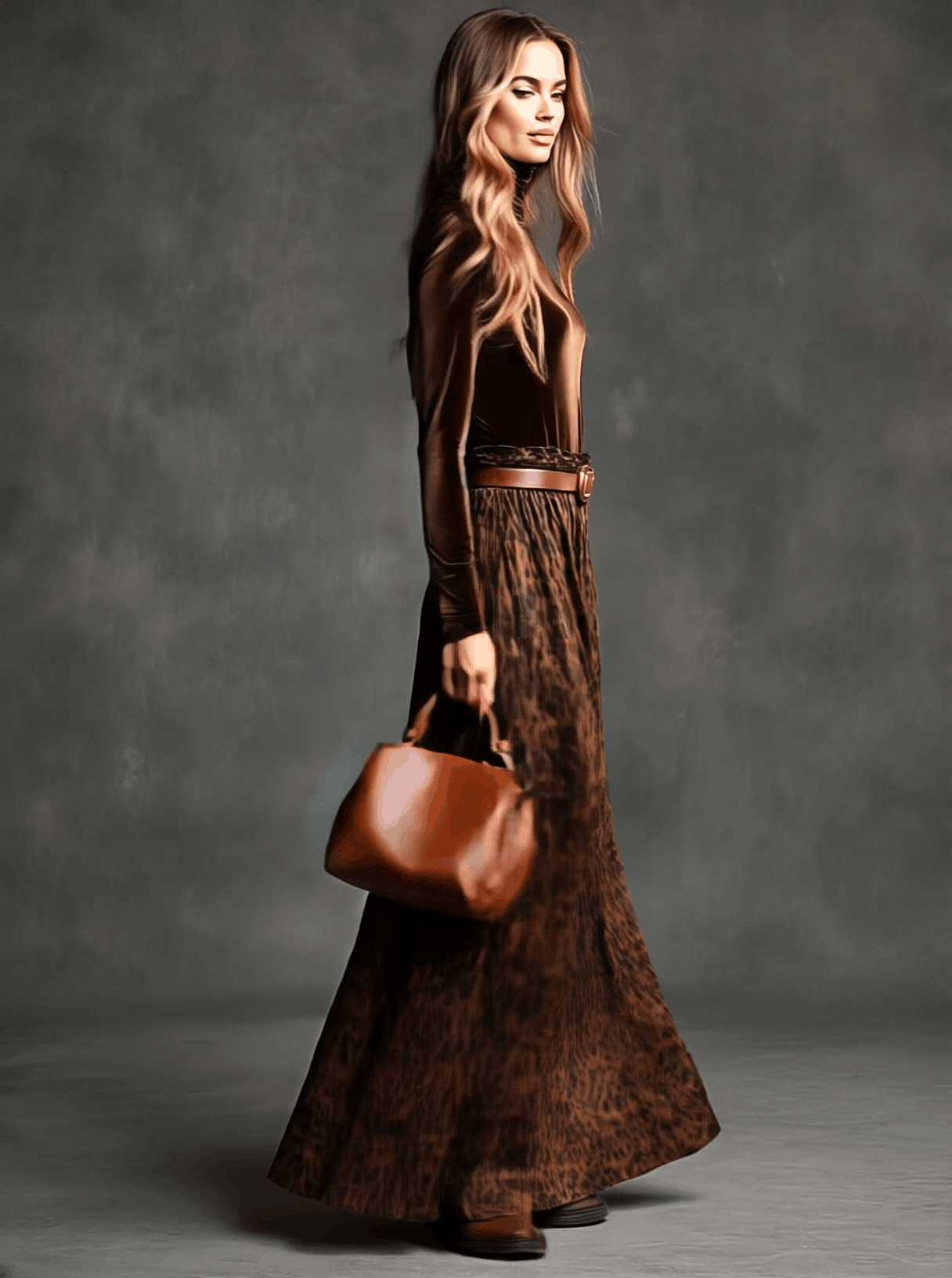 Vintage Turtleneck Velvet Top And Leopard Print Skirt Set