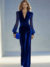 Vintage Elegant And Exquisite V-neck Mesh Long-sleeved Royal Blue Velvet Jumpsuit