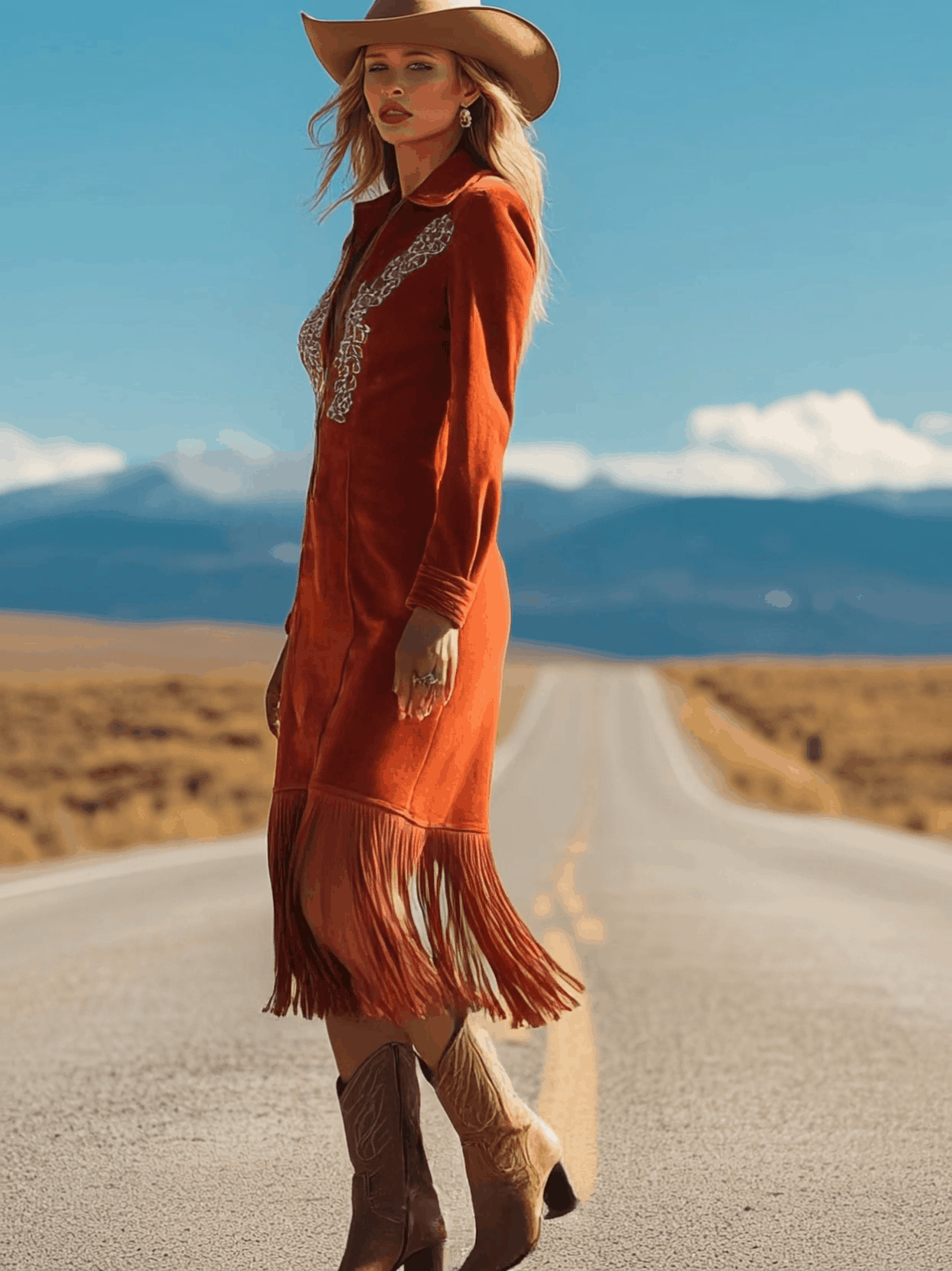 Western Retro Red Faux Suede Embroidered Long-Sleeved Tassel Midi Dress