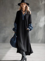 Fashionable Casual Black Knitted Denim Trim Maxi Dress