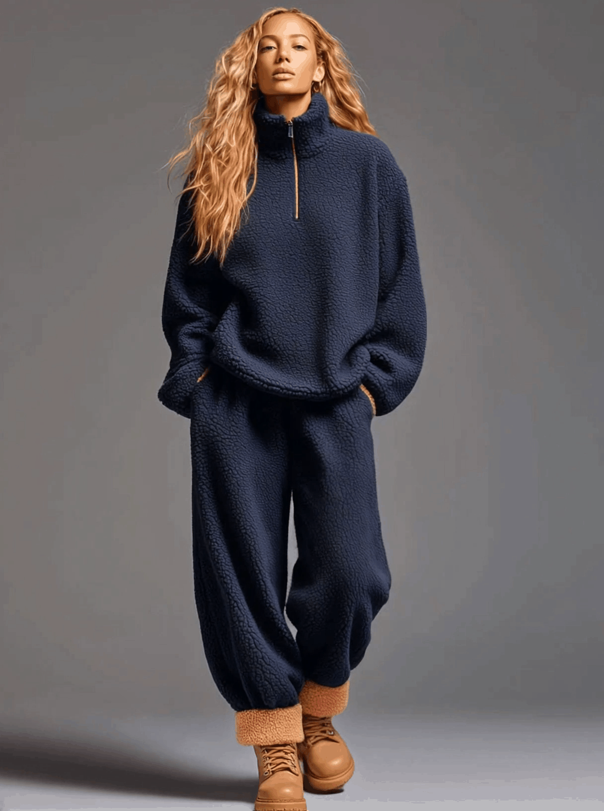Casual Navy Blue Polar Fleece Half-zip Sweatshirt Pants Sports Set
