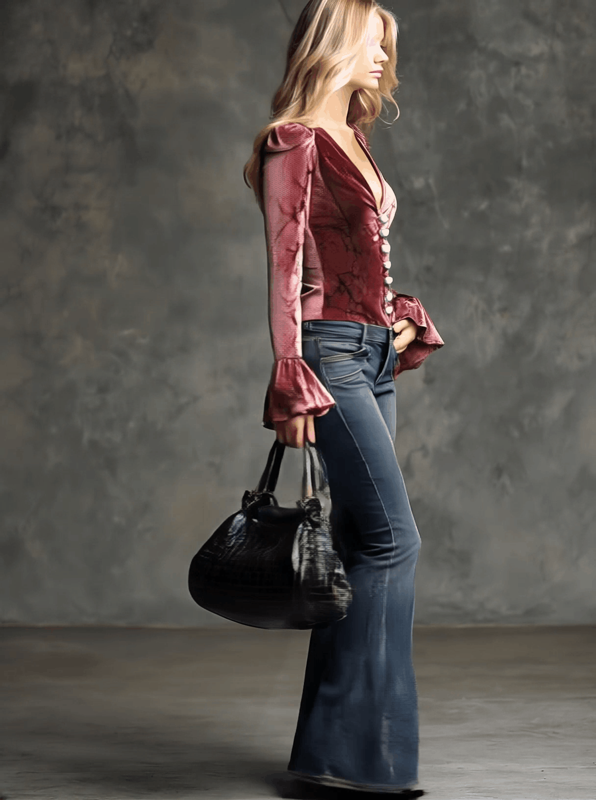 Vintage Pink Velvet Crocodile Print V-Neck Flared Long-Sleeved Shirt