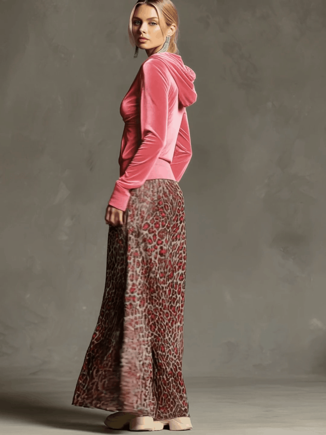 Casual Retro Pink Fleece Hooded Top And Chiffon Leopard Print Wide-leg Pants Set