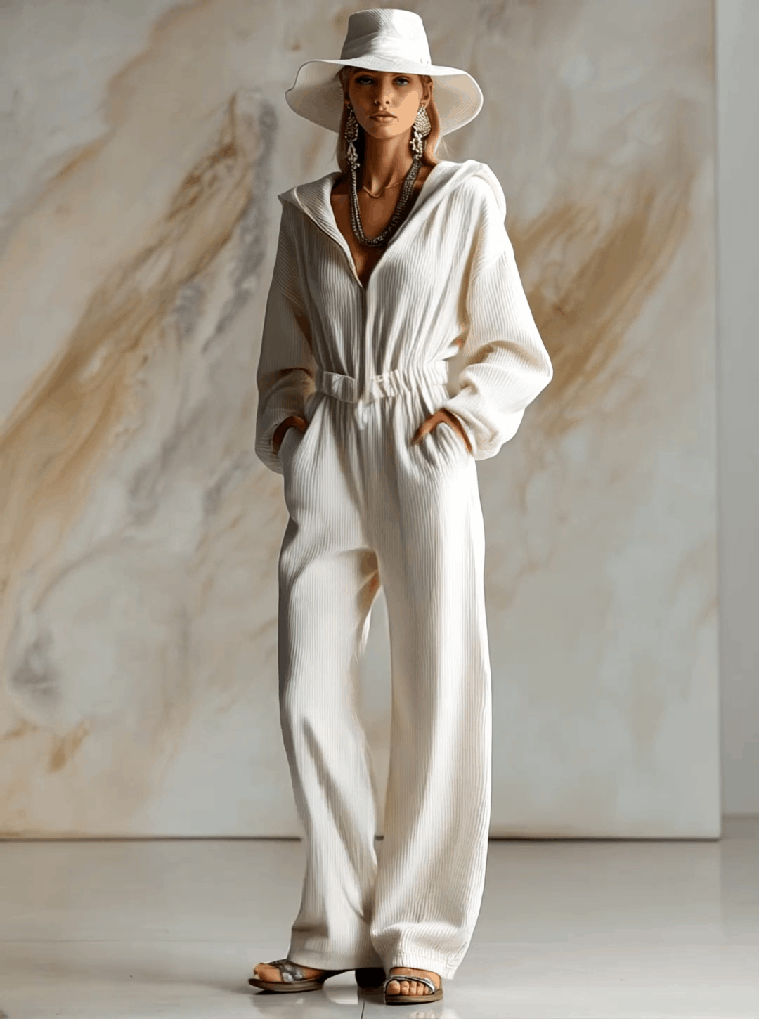Casual Loose Fashionable White Corduroy Hooded Front Zipper Long Sleeve Jumpsuit