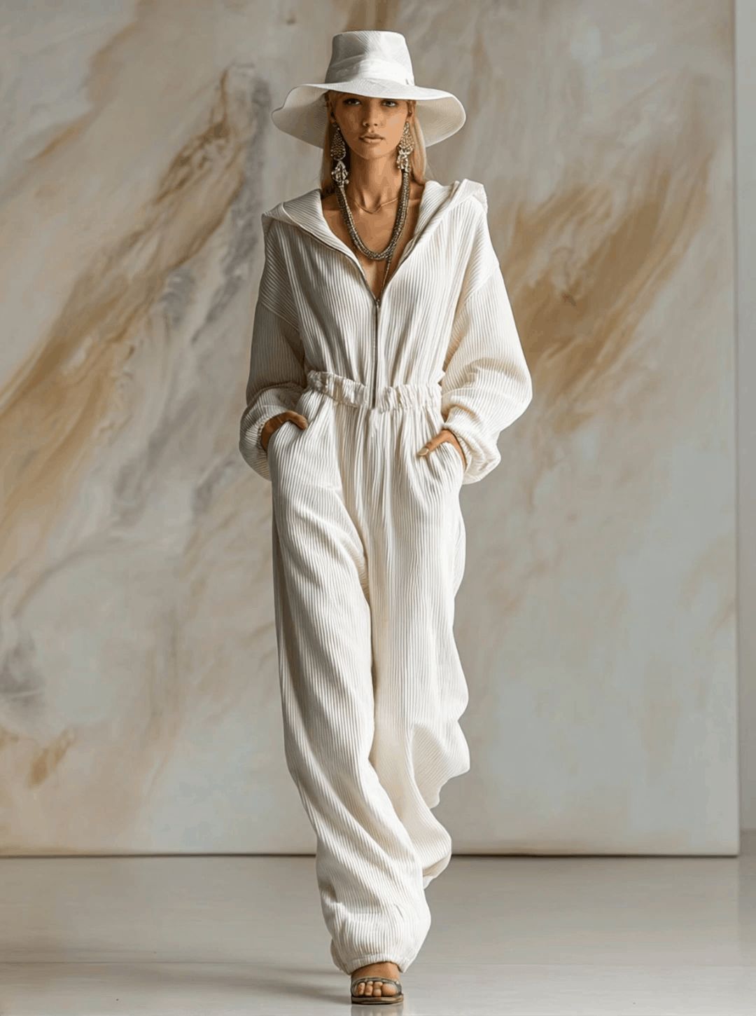 Casual Loose Fashionable White Corduroy Hooded Front Zipper Long Sleeve Jumpsuit