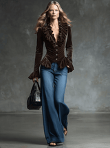 Fashion Retro Cocoa Brown Velvet V-Neck Ruffled Long-Sleeved Shirt