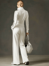 Sporty Retro Striped Webbing White Long-Sleeve Sweatshirt And Wide-Leg Pants Set