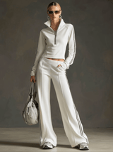 Sporty Retro Striped Webbing White Long-Sleeve Sweatshirt And Wide-Leg Pants Set