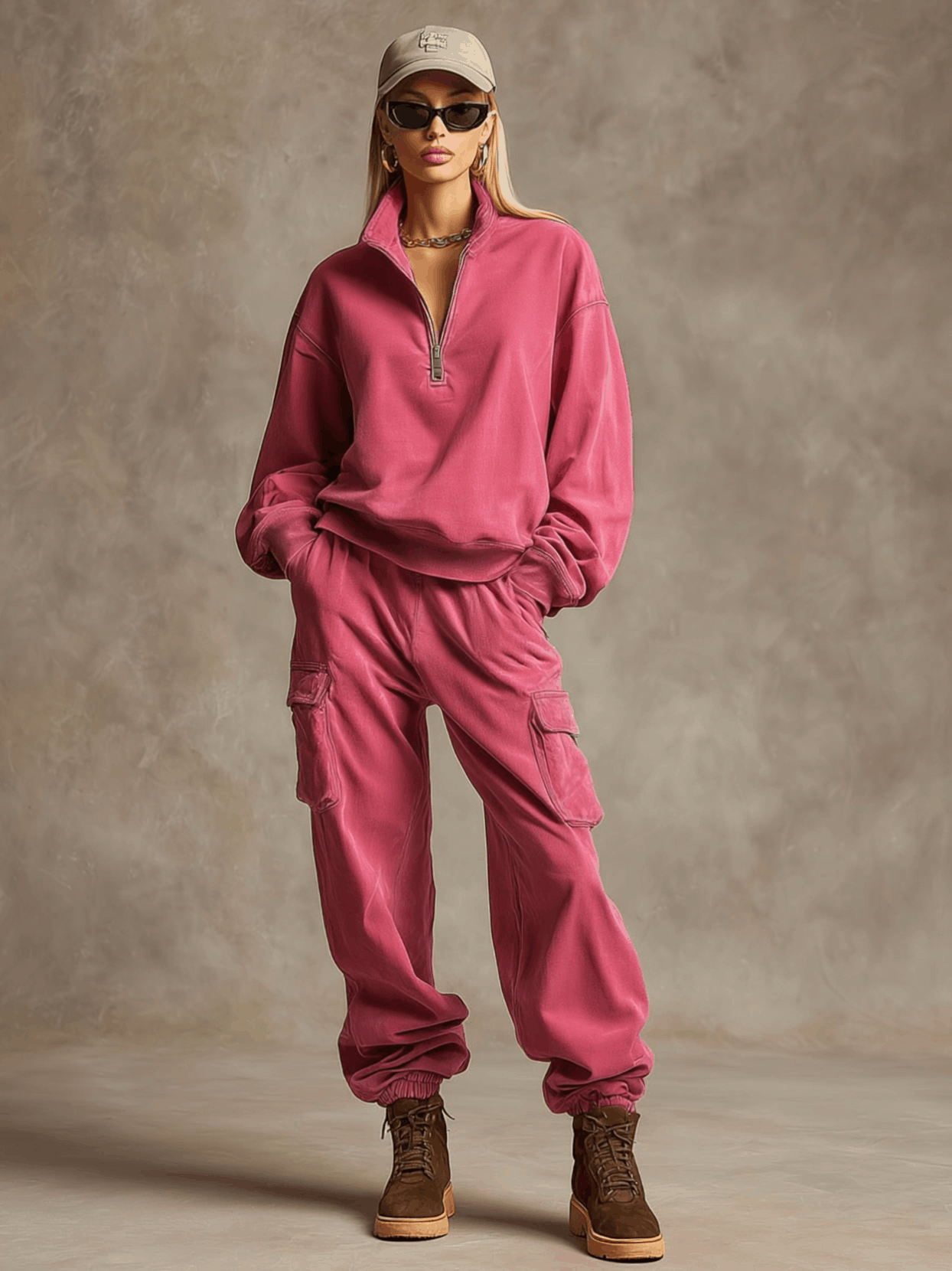Casual Sporty Retro Rose Red Cotton Sweatshirt And Cargo Pants Set