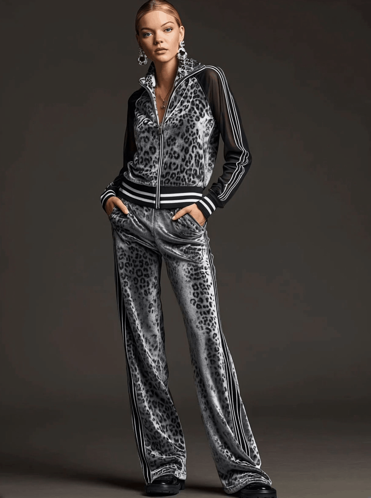 Sporty Retro Striped Mesh Sleeve Gray Leopard Print Velvet Sweatshirt And Pants Set
