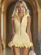 【24-hour shipping out】Fashion Slim Fit Goose Yellow Front Zip Hooded Ruffle Sleeveless Mini Dress