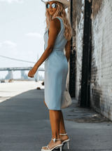 【24-hour shipping out】Casual Fashion V-Neck Front Button Tulip Shape Hem Light Blue Denim Midi Dress