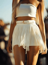 【24-hour shipping out】Fashionable Personality Long Tassel Belt White Shorts