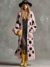 Vintage Fashion Lazy Front Button Black Polka Dot Pink Imitation Rabbit Fur Knitted Long-sleeved Cardigan