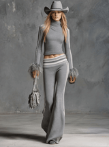 Retro Fashion Sporty Gray Knitted Feather Cuffs High-neck Top And Slim-fit Flared Pants Suit