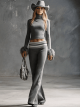 Retro Fashion Sporty Gray Knitted Feather Cuffs High-neck Top And Slim-fit Flared Pants Suit