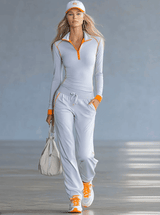 Fashionable Sporty Gray-blue Long-sleeved Half-zip Top And Trousers Set