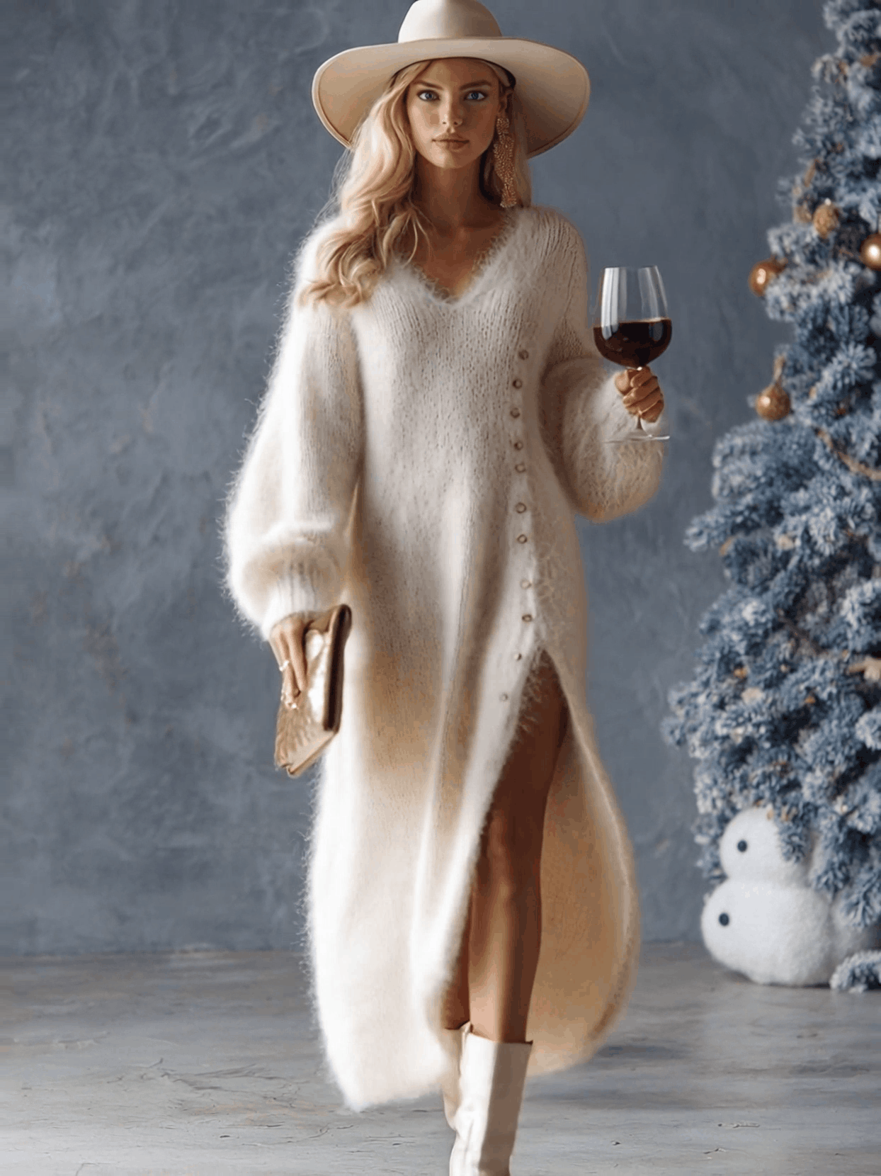 Faux Fur Knit V-Neck Midi Dress
