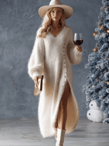 Faux Fur Knit V-Neck Midi Dress