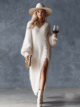 Comfortable Lazy Exquisite V-neck Metal Button White Imitation Rabbit Fur Knitted Side Slit Midi Dress