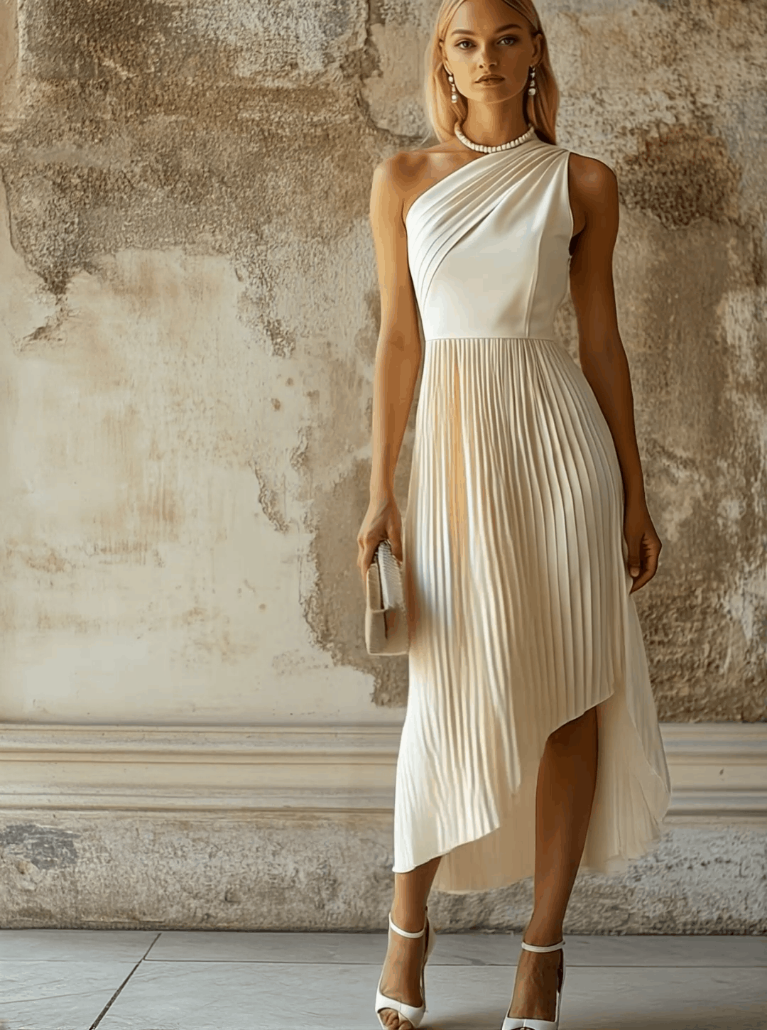 【24-hour shipping out】Elegant High-end Evening Gown White Pleated Sleeveless Midi Dress