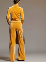Casual Sporty Retro Leopard Print Trim Yellow Velvet Sweatshirt Wide-Leg Pants Set
