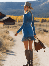 Retro Western Style Zippered Collar Blue Fringed Faux Suede Mini Dress