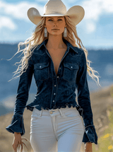 Vintage Casual Navy Ruffled Suede Shirt